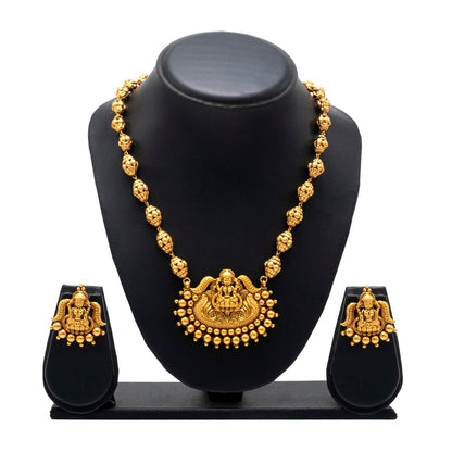 Shining Jewel - by Shivansh Antique Matte Gold Plated Temple Jewellery Inspired Wedding Bridal Lakshmi Ball Pendant Chain Necklace Jewellery Set for Women (SJN_304)