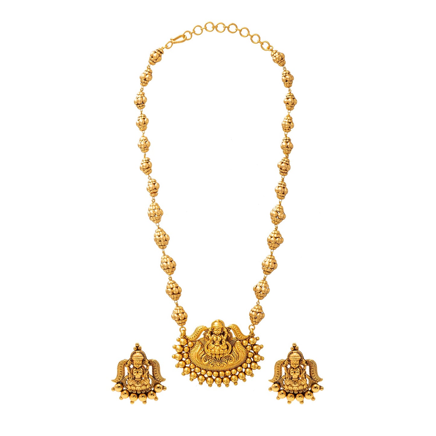Shining Jewel - by Shivansh Antique Matte Gold Plated Temple Jewellery Inspired Wedding Bridal Lakshmi Ball Pendant Chain Necklace Jewellery Set for Women (SJN_304)