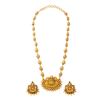 Shining Jewel - by Shivansh Antique Matte Gold Plated Temple Jewellery Inspired Wedding Bridal Lakshmi Ball Pendant Chain Necklace Jewellery Set for Women (SJN_304)