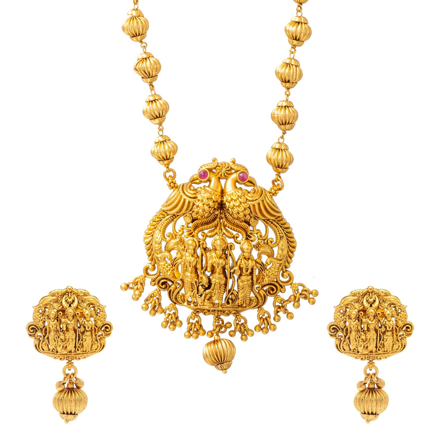 Shining Jewel - by Shivansh Antique Matte Gold-Plated Temple Jewellery Inspired Wedding Bridal Ram Laxman Sita and Hanuman (Ram Parivar) Pendant Chain Necklace Jewellery Set for Women (SJN_305)