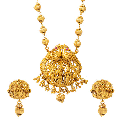 Shining Jewel - by Shivansh Antique Matte Gold-Plated Temple Jewellery Inspired Wedding Bridal Ram Laxman Sita and Hanuman (Ram Parivar) Pendant Chain Necklace Jewellery Set for Women (SJN_305)