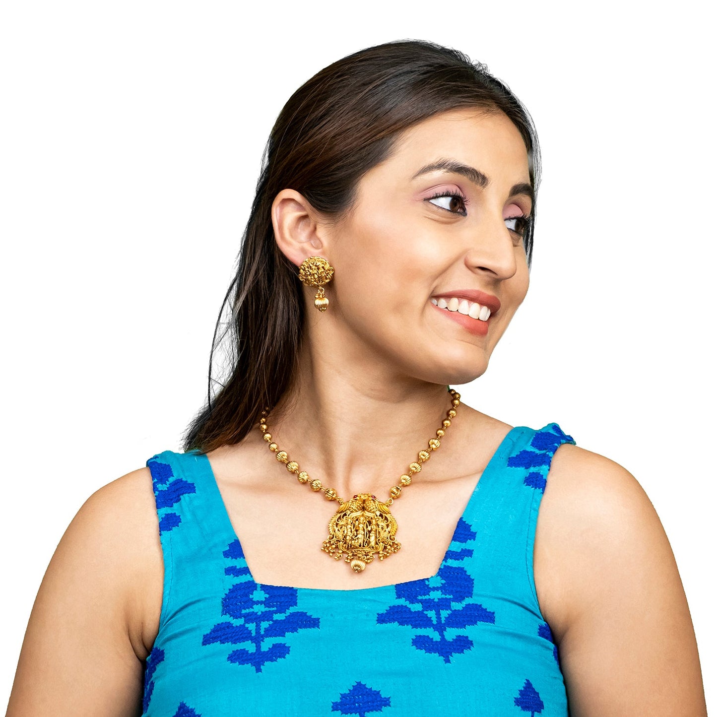 Shining Jewel - by Shivansh Antique Matte Gold-Plated Temple Jewellery Inspired Wedding Bridal Ram Laxman Sita and Hanuman (Ram Parivar) Pendant Chain Necklace Jewellery Set for Women (SJN_305)