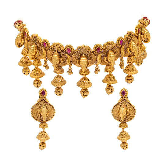 Shining Jewel - by Shivansh Antique Matte Gold Plated Temple Jewellery Inspired Wedding Bridal Ganapati Pendant Choker Necklace Jewellery Set for Women (SJN_306_G1)