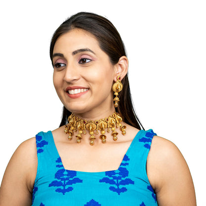 Shining Jewel - by Shivansh Antique Matte Gold Plated Temple Jewellery Inspired Wedding Bridal Ganapati Pendant Choker Necklace Jewellery Set for Women (SJN_306_G1)
