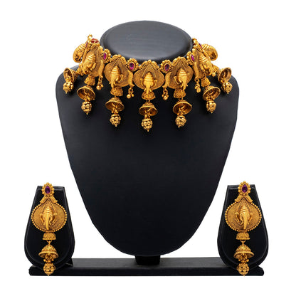 Shining Jewel - by Shivansh Antique Matte Gold Plated Temple Jewellery Inspired Wedding Bridal Ganapati Pendant Choker Necklace Jewellery Set for Women (SJN_306_G1)