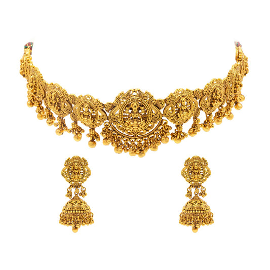 Shining Jewel - by Shivansh Antique Matte Gold Plated Temple Jewellery Inspired Wedding Bridal Lakshmi Pendant Choker Necklace Jewellery Set for Women (SJN_306_L1)