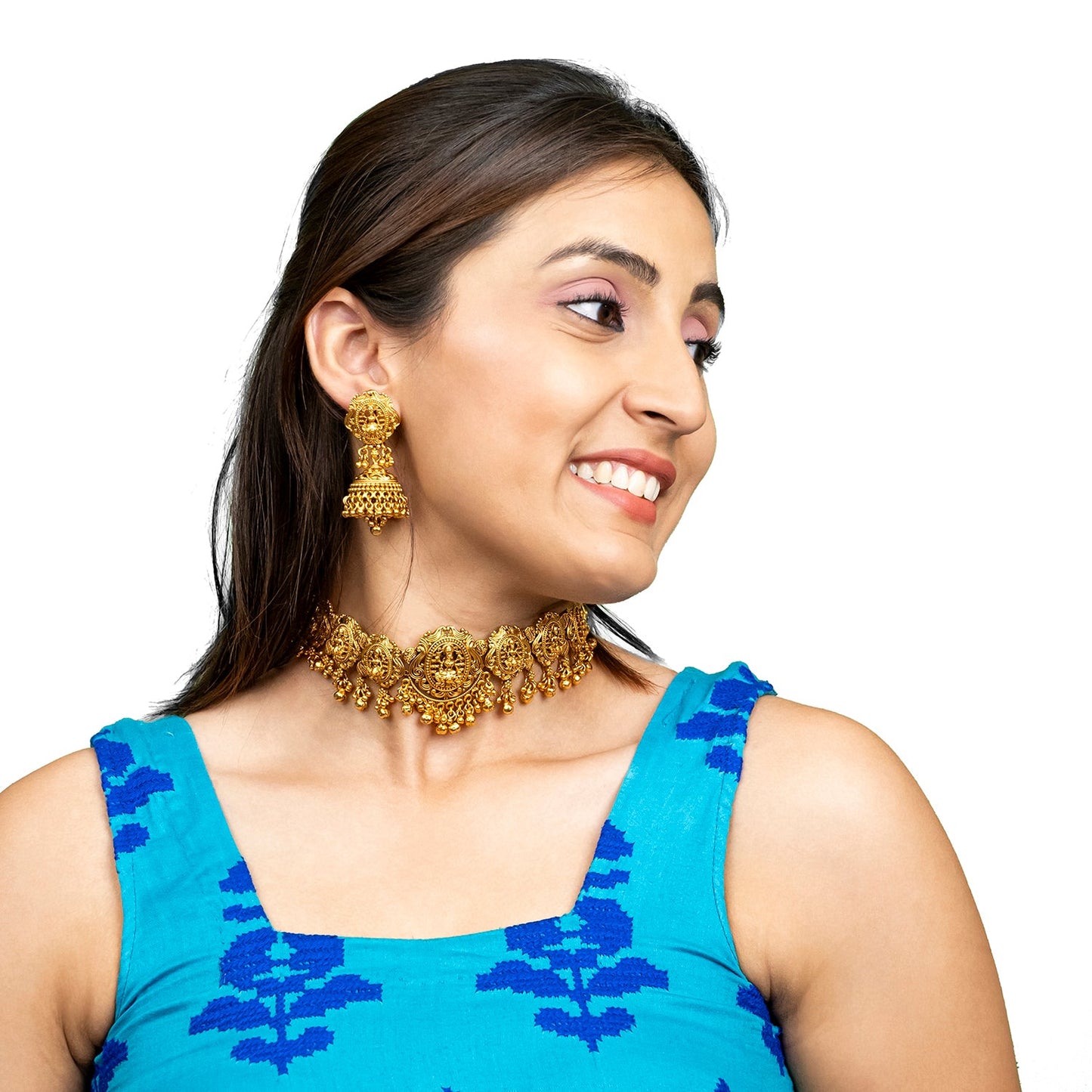 Shining Jewel - by Shivansh Antique Matte Gold Plated Temple Jewellery Inspired Wedding Bridal Lakshmi Pendant Choker Necklace Jewellery Set for Women (SJN_306_L1)