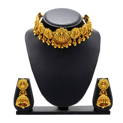 Shining Jewel - by Shivansh Antique Matte Gold Plated Temple Jewellery Inspired Wedding Bridal Lakshmi Pendant Choker Necklace Jewellery Set for Women (SJN_306_L1)