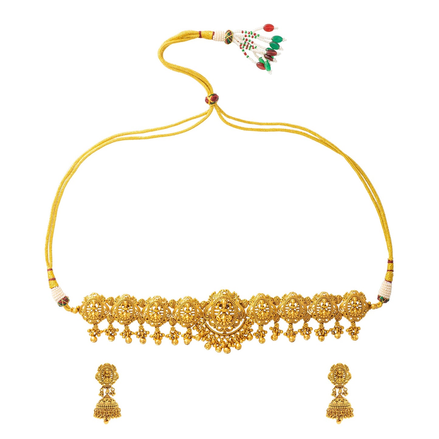 Shining Jewel - by Shivansh Antique Matte Gold Plated Temple Jewellery Inspired Wedding Bridal Lakshmi Pendant Choker Necklace Jewellery Set for Women (SJN_306_L1)