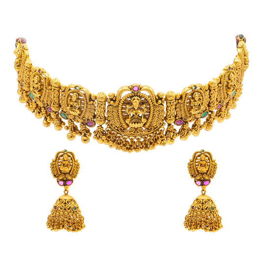 Shining Jewel - by Shivansh Antique Matte Gold Plated Temple Jewellery Inspired Wedding Bridal Lakshmi Pendant Choker Necklace Jewellery Set for Women (SJN_306_L2)