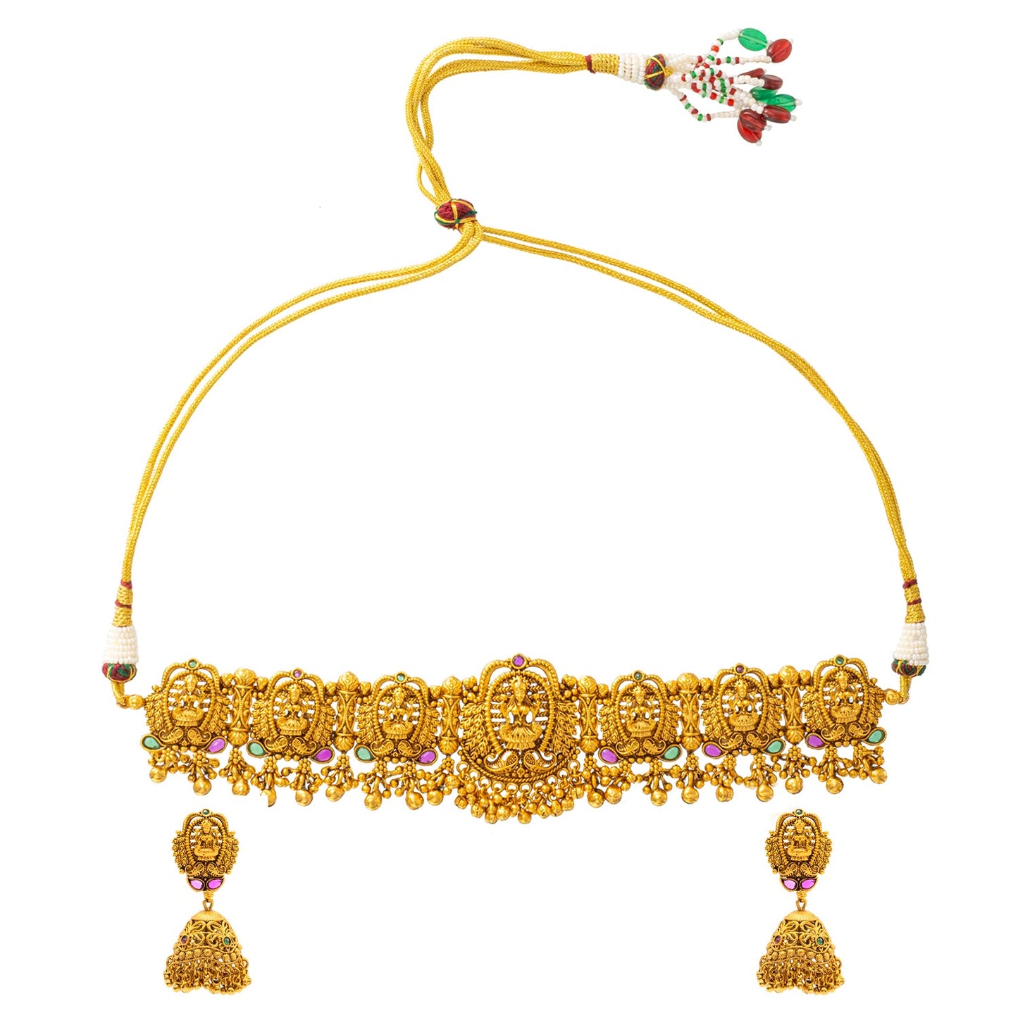 Shining Jewel - by Shivansh Antique Matte Gold Plated Temple Jewellery Inspired Wedding Bridal Lakshmi Pendant Choker Necklace Jewellery Set for Women (SJN_306_L1)