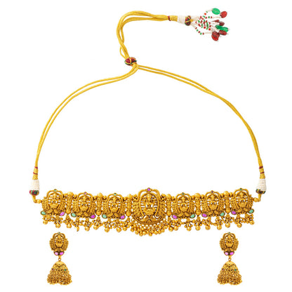 Shining Jewel - by Shivansh Antique Matte Gold Plated Temple Jewellery Inspired Wedding Bridal Lakshmi Pendant Choker Necklace Jewellery Set for Women (SJN_306_L1)