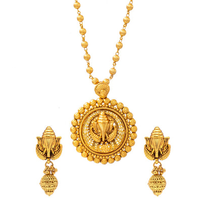 Shining Jewel - by Shivansh Antique Matte Gold Plated Temple Jewellery Inspired Wedding Bridal Ganapati Pendant Necklace Jewellery Set for Women (SJN_307_G2)
