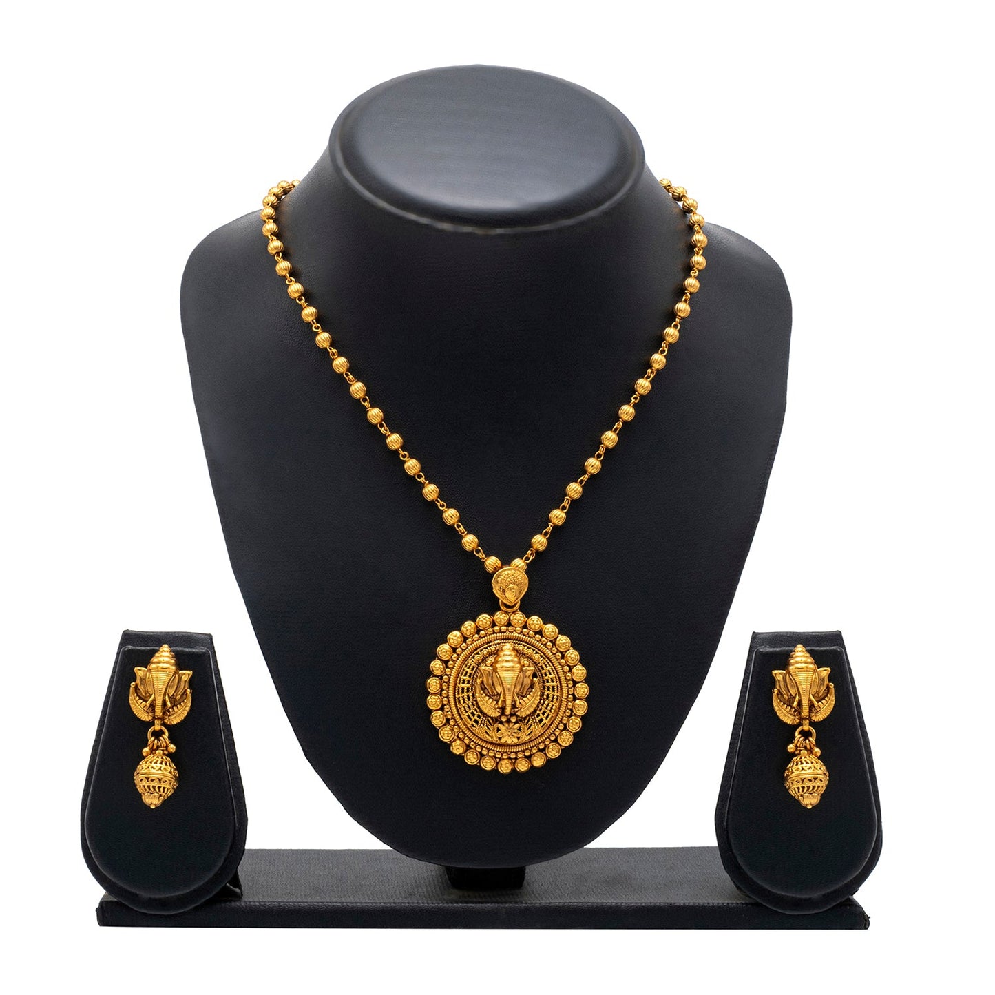 Shining Jewel - by Shivansh Antique Matte Gold Plated Temple Jewellery Inspired Wedding Bridal Ganapati Pendant Necklace Jewellery Set for Women (SJN_307_G2)