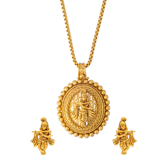 Shining Jewel - by Shivansh Antique Matte Gold Plated Temple Jewellery Inspired Wedding Bridal Shree Krishna Pendant Necklace Jewellery Set for Women (SJN_307_K1)