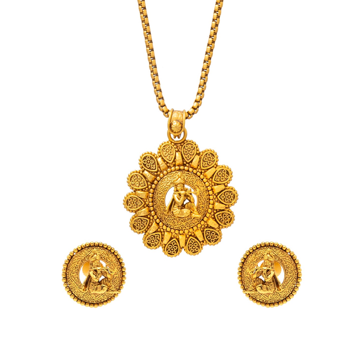 Shining Jewel - by Shivansh Antique Matte Gold Plated Temple Jewellery Inspired Wedding Bridal Shree Krishna Pendant Necklace Jewellery Set for Women (SJN_307_K2)