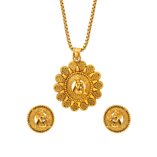 Shining Jewel - by Shivansh Antique Matte Gold Plated Temple Jewellery Inspired Wedding Bridal Shree Krishna Pendant Necklace Jewellery Set for Women (SJN_307_K2)