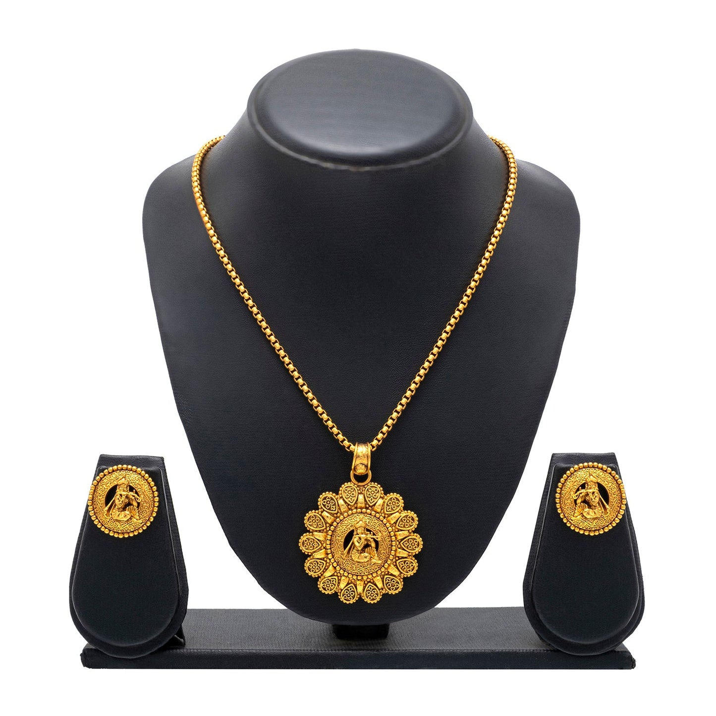 Shining Jewel - by Shivansh Antique Matte Gold Plated Temple Jewellery Inspired Wedding Bridal Shree Krishna Pendant Necklace Jewellery Set for Women (SJN_307_K2)