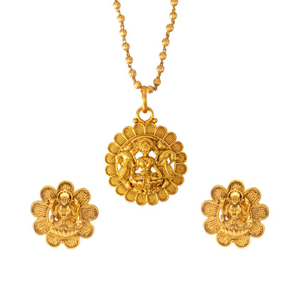 Shining Jewel - by Shivansh Antique Matte Gold Plated Temple Jewellery Inspired Wedding Bridal Laxmi Pendant Necklace Jewellery Set for Women (SJN_307_L1)
