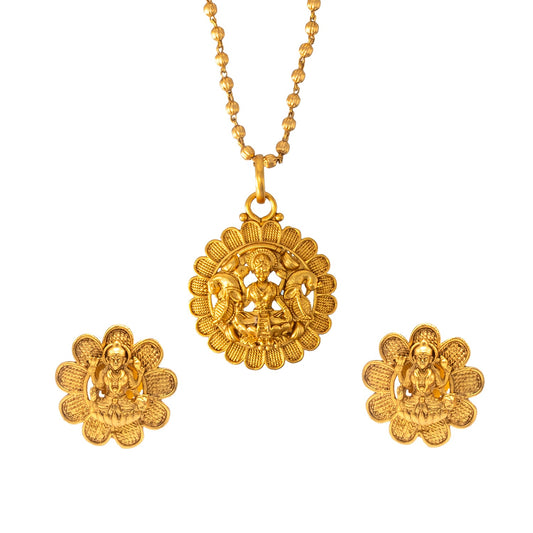 Shining Jewel - by Shivansh Antique Matte Gold Plated Temple Jewellery Inspired Wedding Bridal Laxmi Pendant Necklace Jewellery Set for Women (SJN_307_L1)