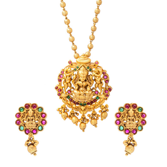 Shining Jewel - by Shivansh Antique Matte Gold Plated Temple Jewellery Inspired Wedding Bridal Laxmi Pendant Necklace Jewellery Set for Women (SJN_307_L2)