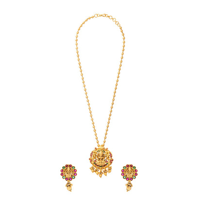Shining Jewel - by Shivansh Antique Matte Gold Plated Temple Jewellery Inspired Wedding Bridal Laxmi Pendant Necklace Jewellery Set for Women (SJN_307_L2)