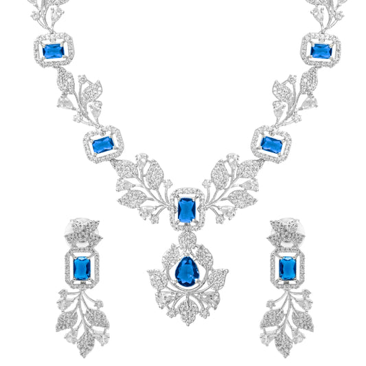 Shining Jewel by shivansh Western Rhodium Silver Plated CZ Stones, Crystals, & AD Crafted Elegant Flower Leaves Design with Maching Earring Bridal Necklace Set for Women - Blue Colour (SJN_308_S_BL)