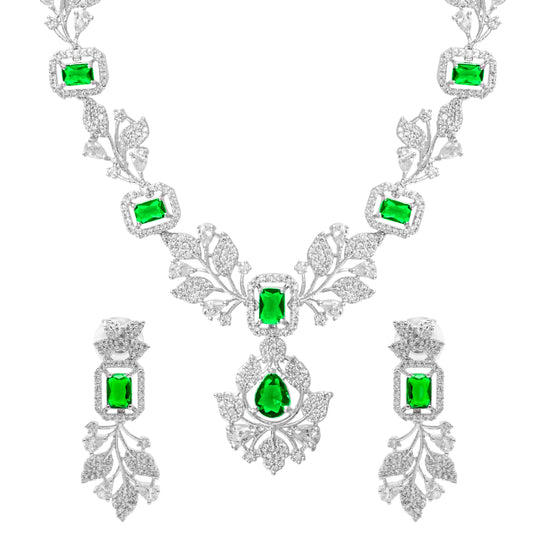 Shining Jewel by shivansh Western Rhodium Silver Plated CZ Stones, Crystals, & AD Crafted Elegant Flower Leaves Design with Maching Earring Bridal Necklace Set for Women - Green Colour (SJN_308_S_G)