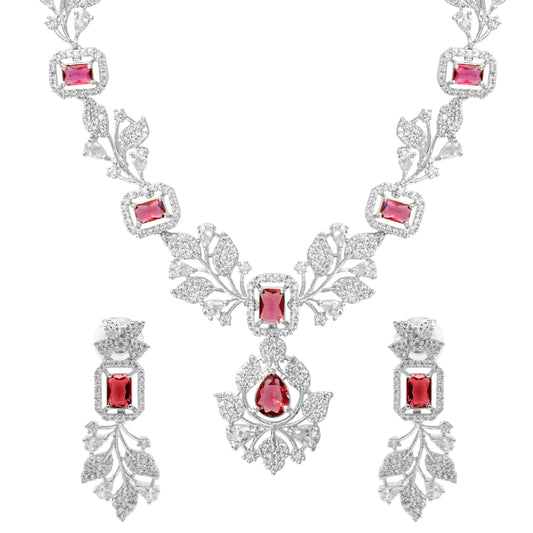 Shining Jewel by shivansh Western Rhodium Silver Plated CZ Stones, Crystals, & AD Crafted Elegant Flower Leaves Design with Maching Earring Bridal Necklace Set for Women - Red Colour (SJN_308_S_R)