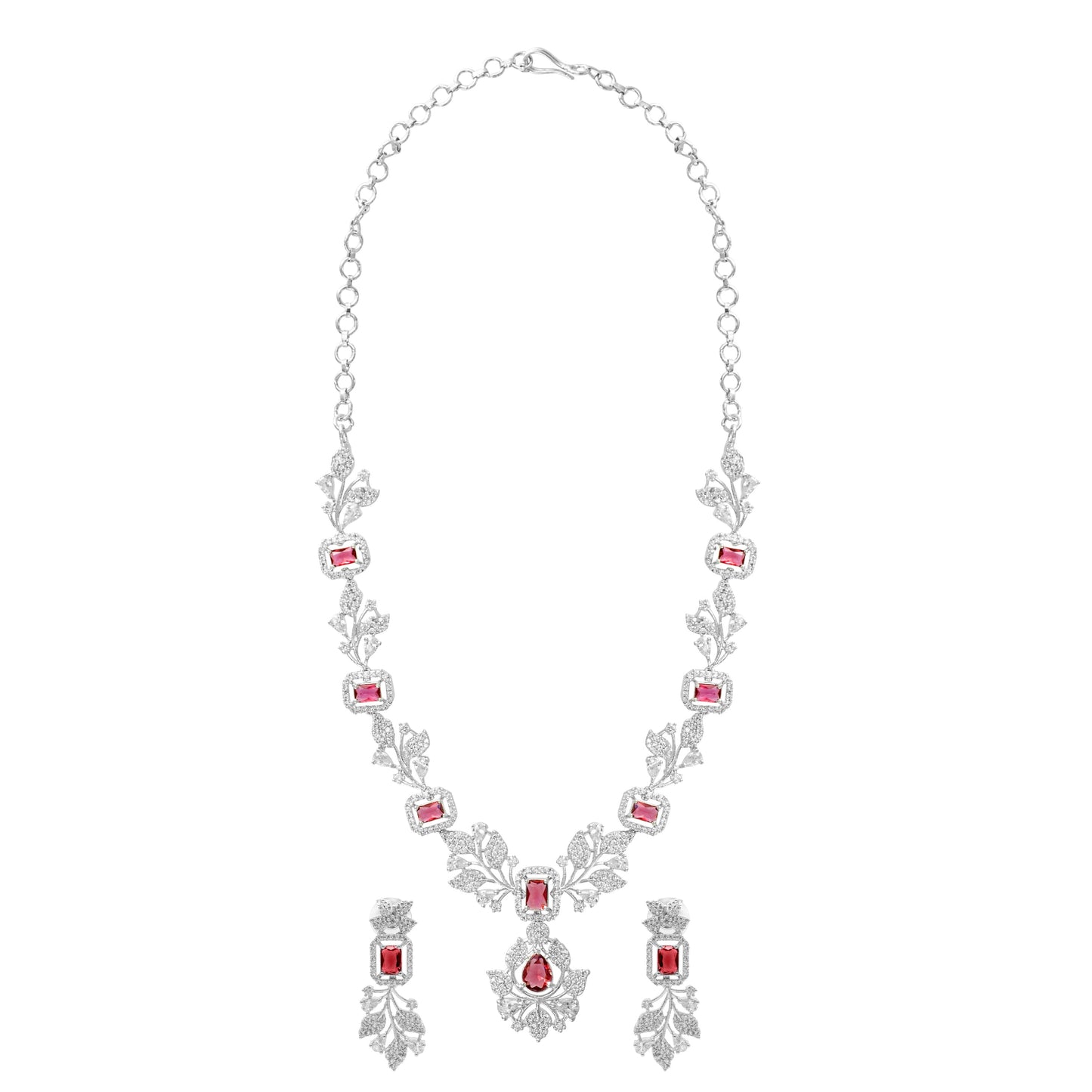 Shining Jewel by shivansh Western Rhodium Silver Plated CZ Stones, Crystals, & AD Crafted Elegant Flower Leaves Design with Maching Earring Bridal Necklace Set for Women - Red Colour (SJN_308_S_R)