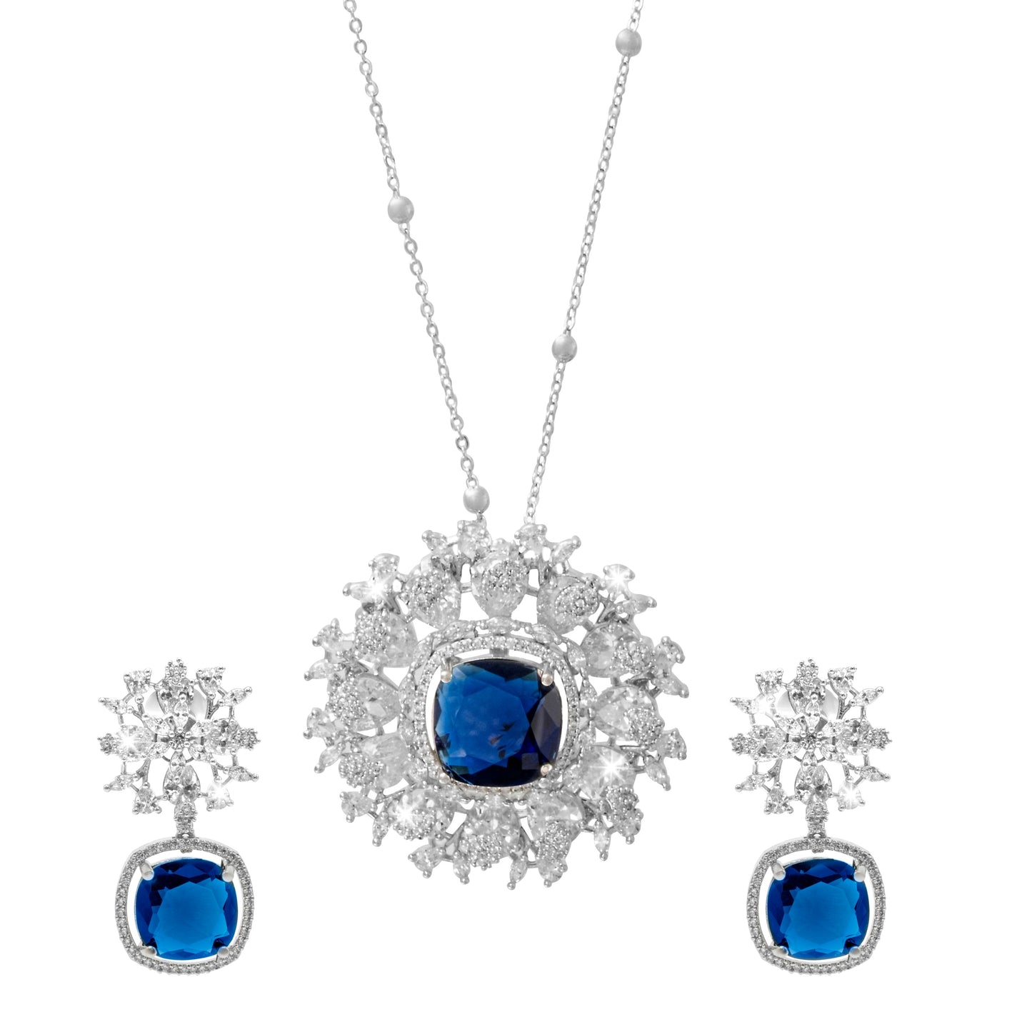 Shining Jewel by shivansh Western Rhodium Silver Plated CZ Stone , Crystals, & AD Crafted Elegant Flower Design with Maching Earring Pendant Set for Women (SJN_309_S_BL)