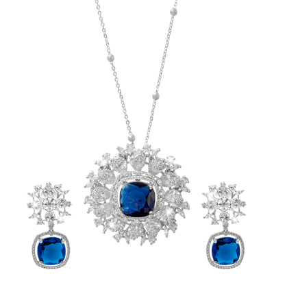 Shining Jewel by shivansh Western Rhodium Silver Plated CZ Stone , Crystals, & AD Crafted Elegant Flower Design with Maching Earring Pendant Set for Women (SJN_309_S_BL)