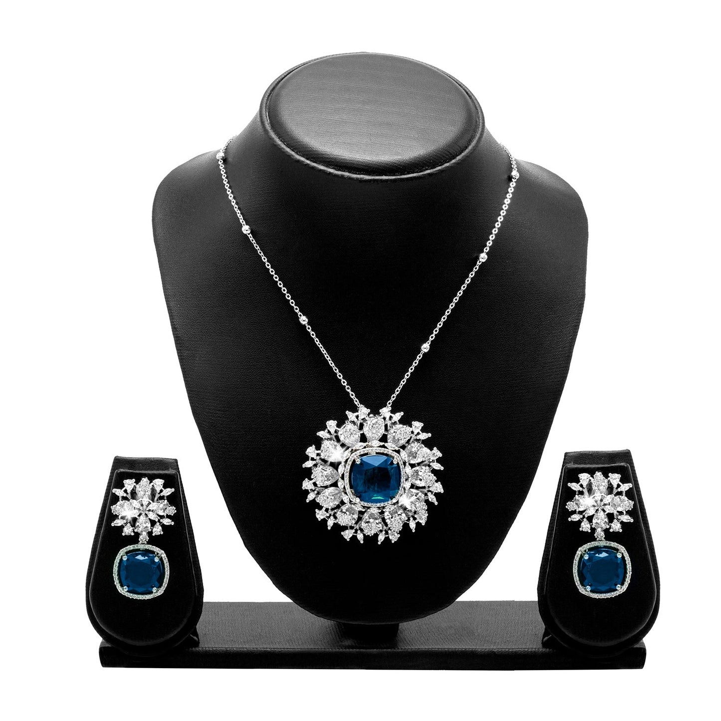 Shining Jewel by shivansh Western Rhodium Silver Plated CZ Stone , Crystals, & AD Crafted Elegant Flower Design with Maching Earring Pendant Set for Women (SJN_309_S_BL)