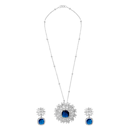 Shining Jewel by shivansh Western Rhodium Silver Plated CZ Stone , Crystals, & AD Crafted Elegant Flower Design with Maching Earring Pendant Set for Women (SJN_309_S_BL)
