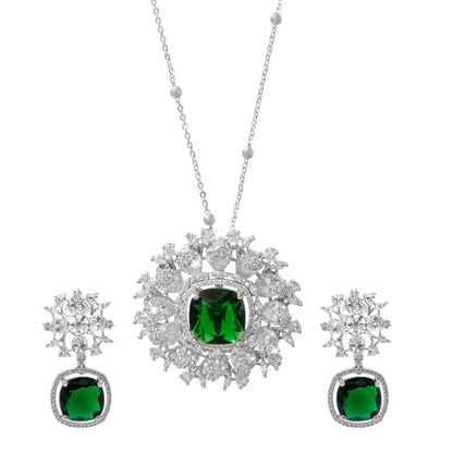 Shining Jewel by shivansh Western Rhodium Silver Plated CZ Stone , Crystals, & AD Crafted Elegant Flower Design with Maching Earring Pendant Set for Women (SJN_309_S_G)