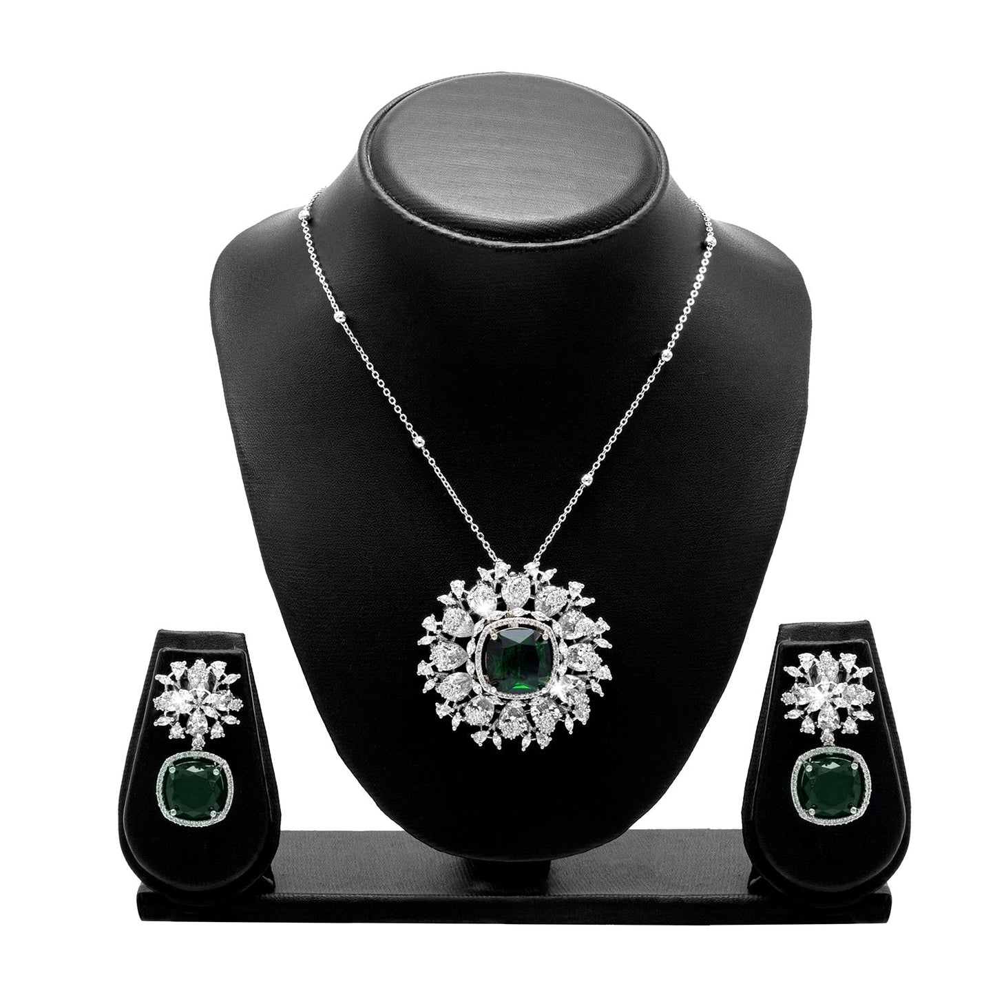 Shining Jewel by shivansh Western Rhodium Silver Plated CZ Stone , Crystals, & AD Crafted Elegant Flower Design with Maching Earring Pendant Set for Women (SJN_309_S_G)