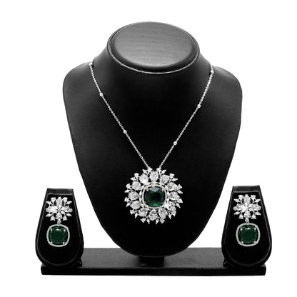 Shining Jewel by shivansh Western Rhodium Silver Plated CZ Stone , Crystals, & AD Crafted Elegant Flower Design with Maching Earring Pendant Set for Women (SJN_309_S_G)