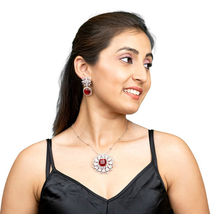 Shining Jewel by shivansh Western Rhodium Silver Plated CZ Stone , Crystals, & AD Crafted Elegant Flower Design with Maching Earring Pendant Set for Women (SJN_309_S_R)