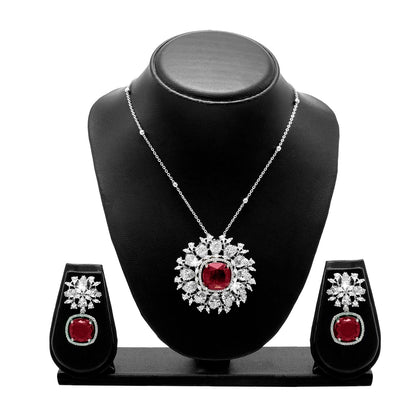 Shining Jewel by shivansh Western Rhodium Silver Plated CZ Stone , Crystals, & AD Crafted Elegant Flower Design with Maching Earring Pendant Set for Women (SJN_309_S_R)