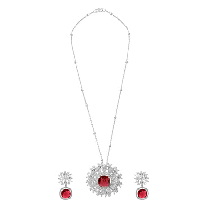 Shining Jewel by shivansh Western Rhodium Silver Plated CZ Stone , Crystals, & AD Crafted Elegant Flower Design with Maching Earring Pendant Set for Women (SJN_309_S_R)