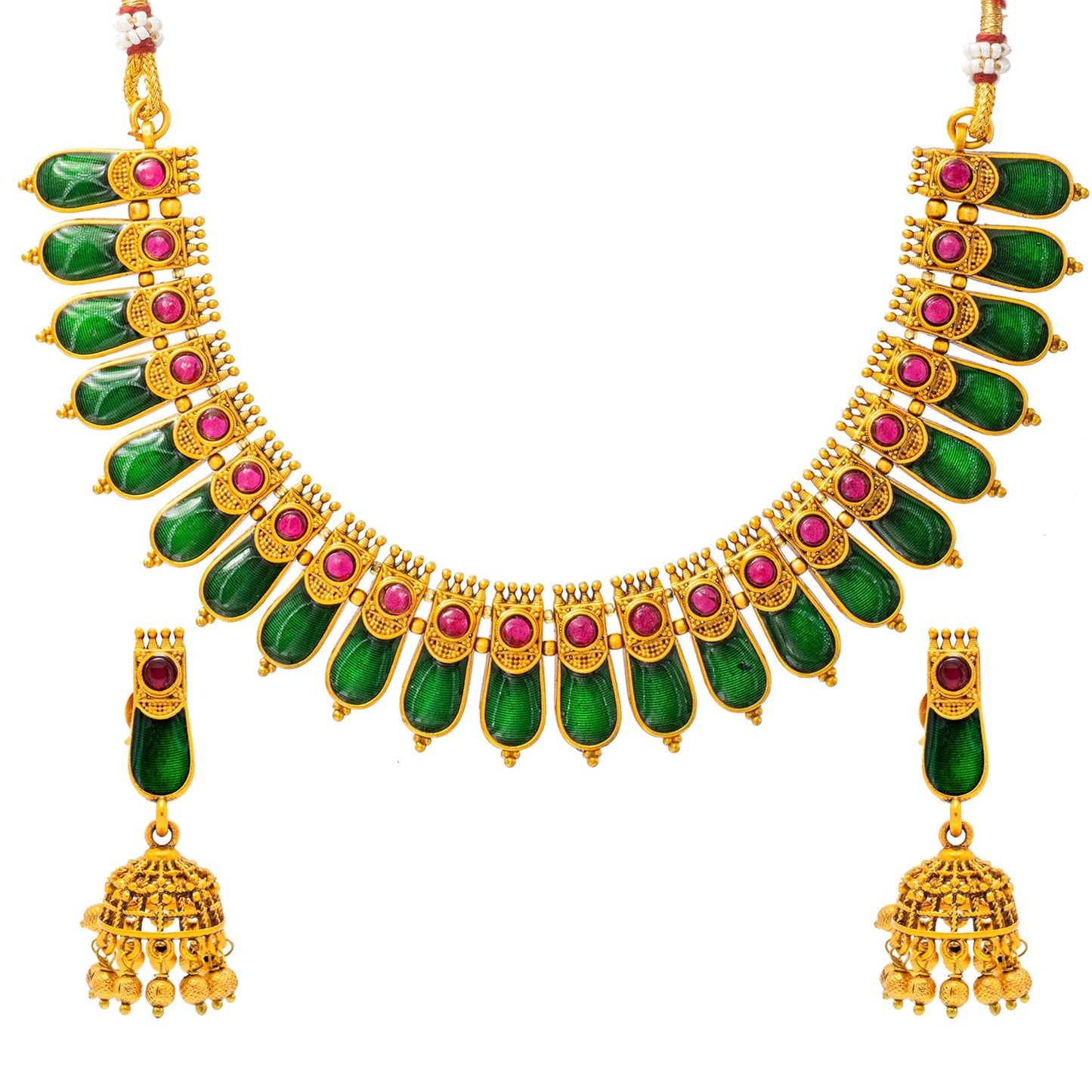 Shining Jewel Gold-Plated Temple Matte Kemp Palka Design with kundan, Pearl with Maching Earring Adjustable Dori Jewellery Set for women (SJN_311)