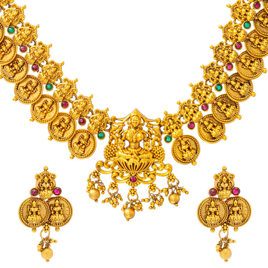 Shining Jewel - by Shivansh Antique Matte Gold Plated Temple Jewellery Inspired Wedding Laxmi Coin Design Necklace Jewellery Set for Women (SJN_312)