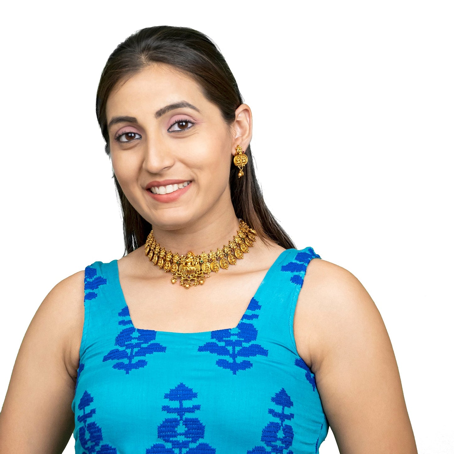 Shining Jewel - by Shivansh Antique Matte Gold Plated Temple Jewellery Inspired Wedding Laxmi Coin Design Necklace Jewellery Set for Women (SJN_312)