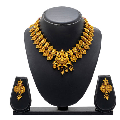 Shining Jewel - by Shivansh Antique Matte Gold Plated Temple Jewellery Inspired Wedding Laxmi Coin Design Necklace Jewellery Set for Women (SJN_312)