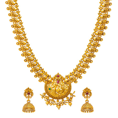 Shining Jewel - by Shivansh Antique Matte Gold Plated Temple Jewellery Inspired Wedding Peacock Design Long Necklace Jewellery Set for Women (SJN_313)