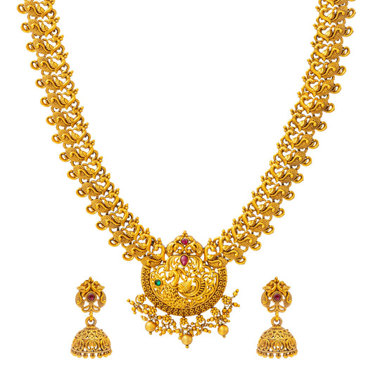 Shining Jewel - by Shivansh Antique Matte Gold Plated Temple Jewellery Inspired Wedding Peacock Design Long Necklace Jewellery Set for Women (SJN_313)