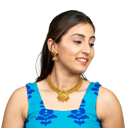 Shining Jewel - by Shivansh Antique Matte Gold Plated Temple Jewellery Inspired Wedding Peacock Design Long Necklace Jewellery Set for Women (SJN_313)