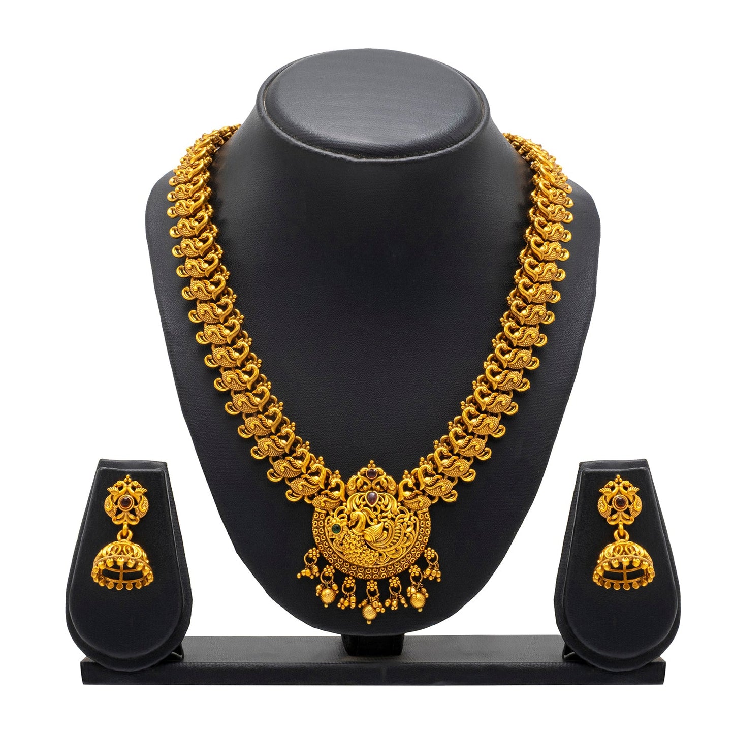 Shining Jewel - by Shivansh Antique Matte Gold Plated Temple Jewellery Inspired Wedding Peacock Design Long Necklace Jewellery Set for Women (SJN_313)