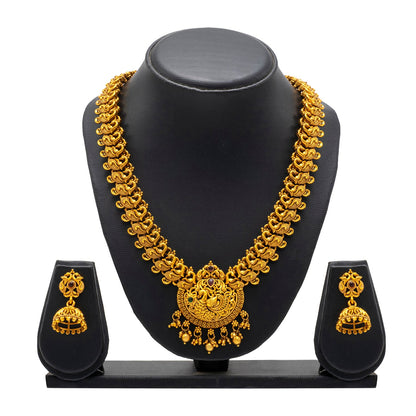 Shining Jewel - by Shivansh Antique Matte Gold Plated Temple Jewellery Inspired Wedding Peacock Design Long Necklace Jewellery Set for Women (SJN_313)
