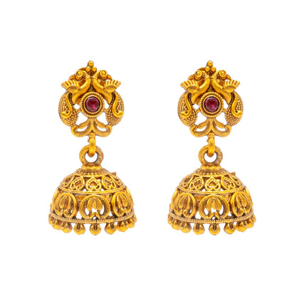 Shining Jewel - by Shivansh Antique Matte Gold Plated Temple Jewellery Inspired Wedding Peacock Design Long Necklace Jewellery Set for Women (SJN_313)